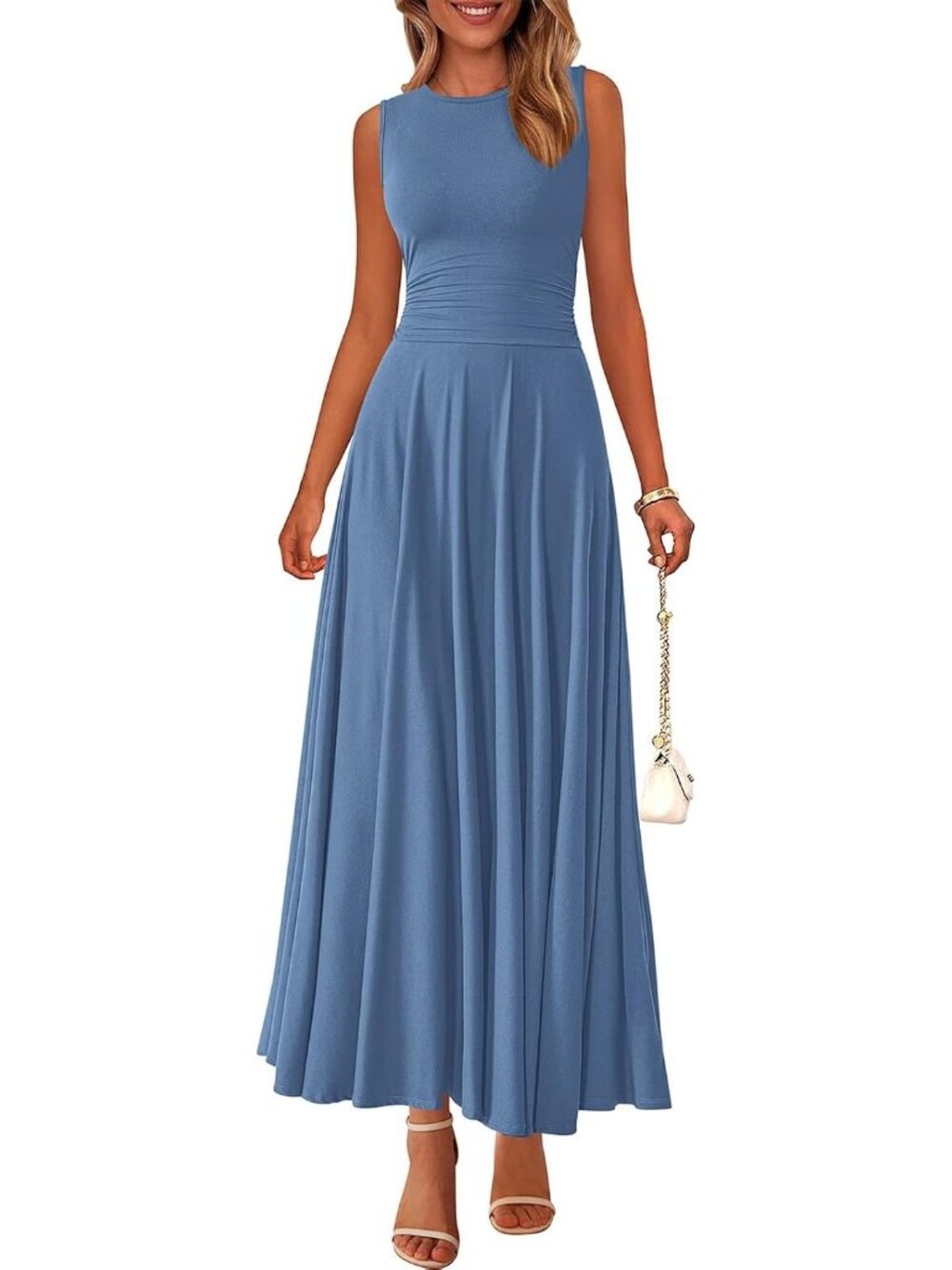Women's Blue Crewneck High Waisted Casual Sleeveless 2026 Aline Maxi Dresses